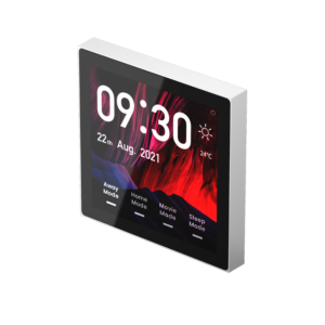 Nature Mini PRO smart home control panel with a 4-inch HD touchscreen, featuring anti-fingerprint technology, multi-protocol support (CoSS, Zigbee, Wi-Fi, and BLE), dual-band Wi-Fi (2.4GHz/5GHz), and an elegant, flame-resistant design. It integrates seamlessly with Amazon Alexa, Apple HomeKit, and Google Assistant to control devices like lights and curtains, offering a comfortable and interactive smart home experience.