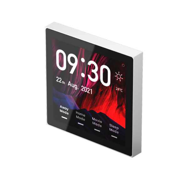 Nature Mini PRO smart home control panel with a 4-inch HD touchscreen, featuring anti-fingerprint technology, multi-protocol support (CoSS, Zigbee, Wi-Fi, and BLE), dual-band Wi-Fi (2.4GHz/5GHz), and an elegant, flame-resistant design. It integrates seamlessly with Amazon Alexa, Apple HomeKit, and Google Assistant to control devices like lights and curtains, offering a comfortable and interactive smart home experience.